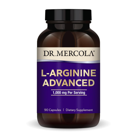 Dr. Mercola L-Arginine Advanced bottle on counter for daily wellness.