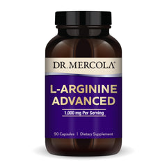 Dr. Mercola L-Arginine Advanced bottle on counter for daily wellness.