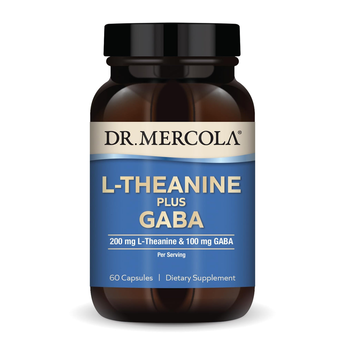 Dr. Mercola L-Theanine Plus GABA bottle on counter supports calm focus and daily balance