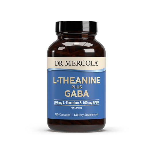 Dr. Mercola L-Theanine Plus GABA bottle promoting relaxation and focus.