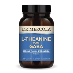 Dr. Mercola L-Theanine Plus GABA bottle on counter supports calm focus and daily balance