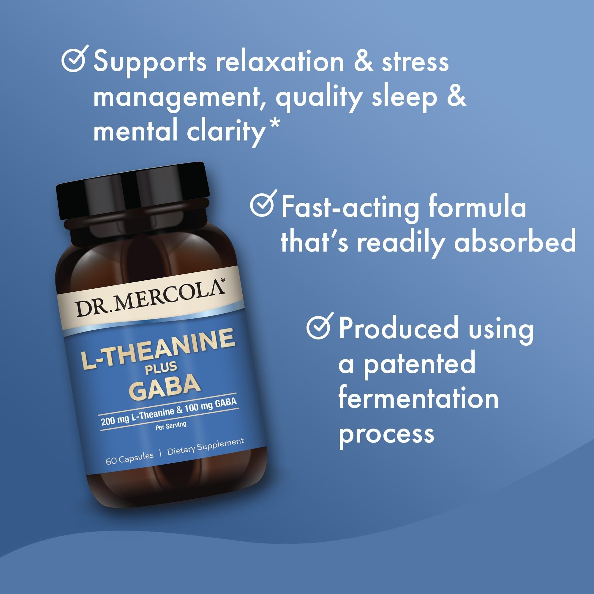 Label shows Dr. Mercola L-Theanine Plus GABA non-GMO claim