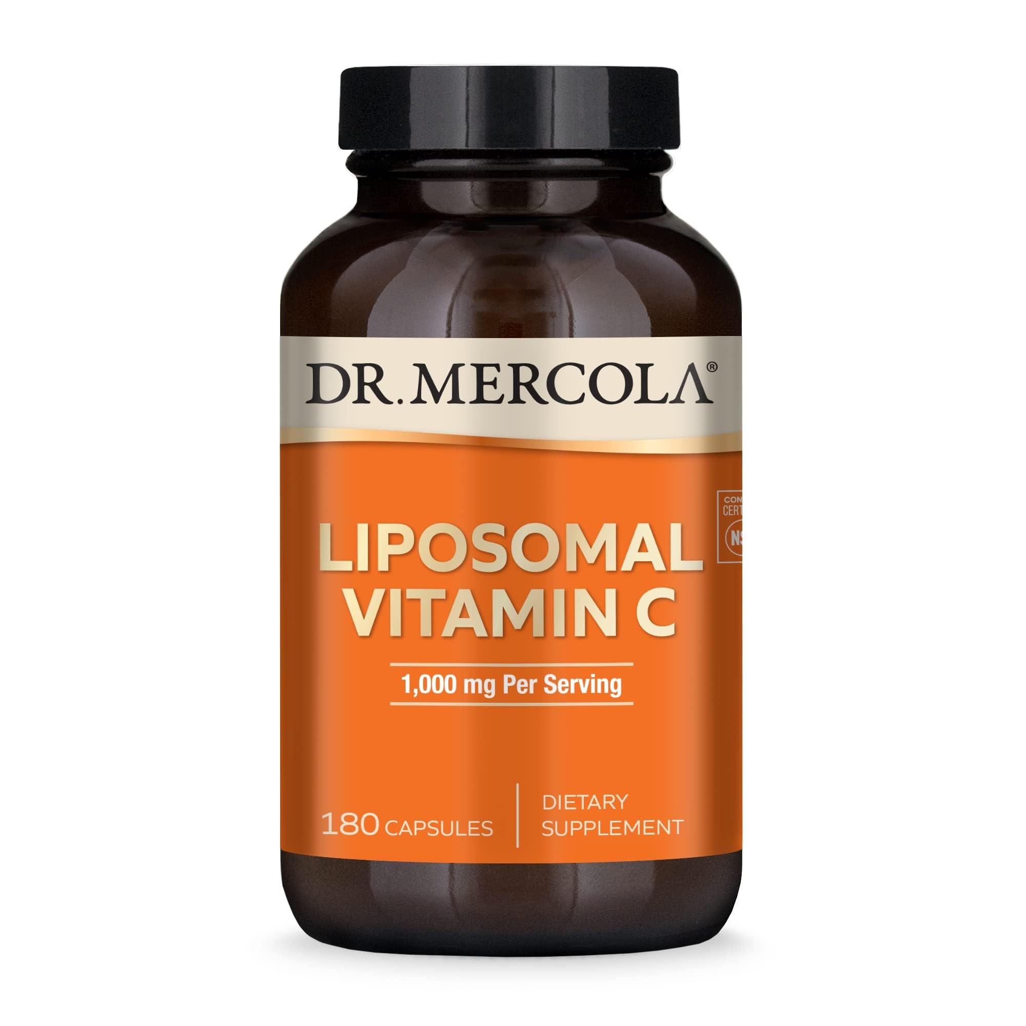 Dr. Mercola Liposomal Vitamin C bottle highlighting 1,000 mg for immune support.
