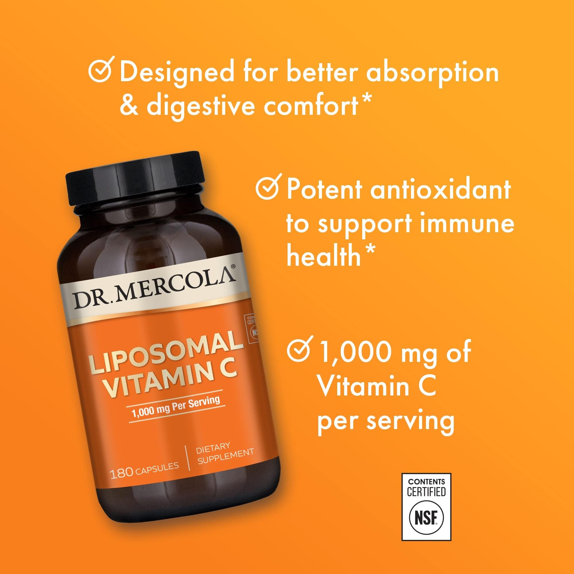 Front packaging of Dr. Mercola Liposomal Vitamin C emphasizing purity and daily wellness.