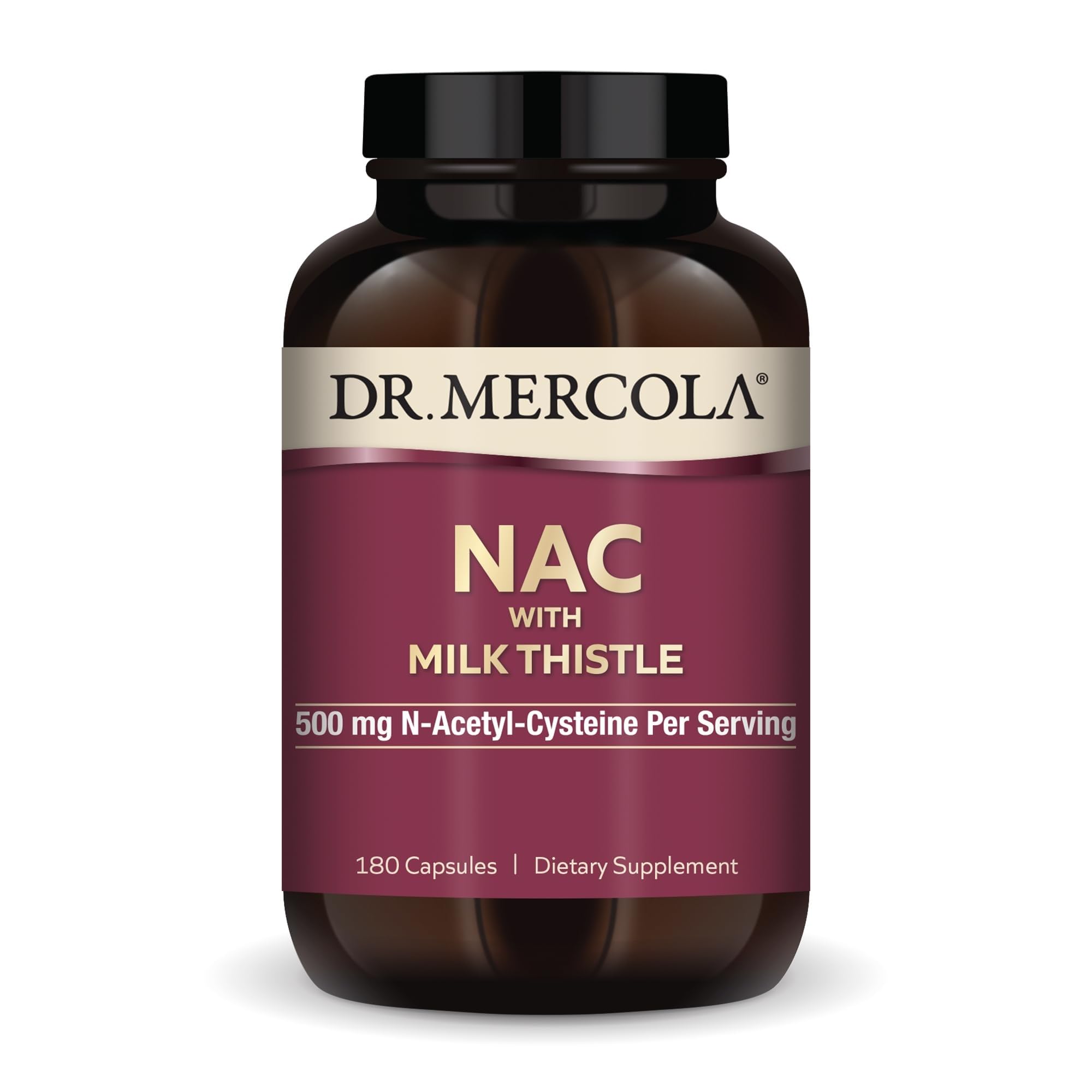 Dr. Mercola NAC with Milk Thistle bottle and capsules offering antioxidant support.