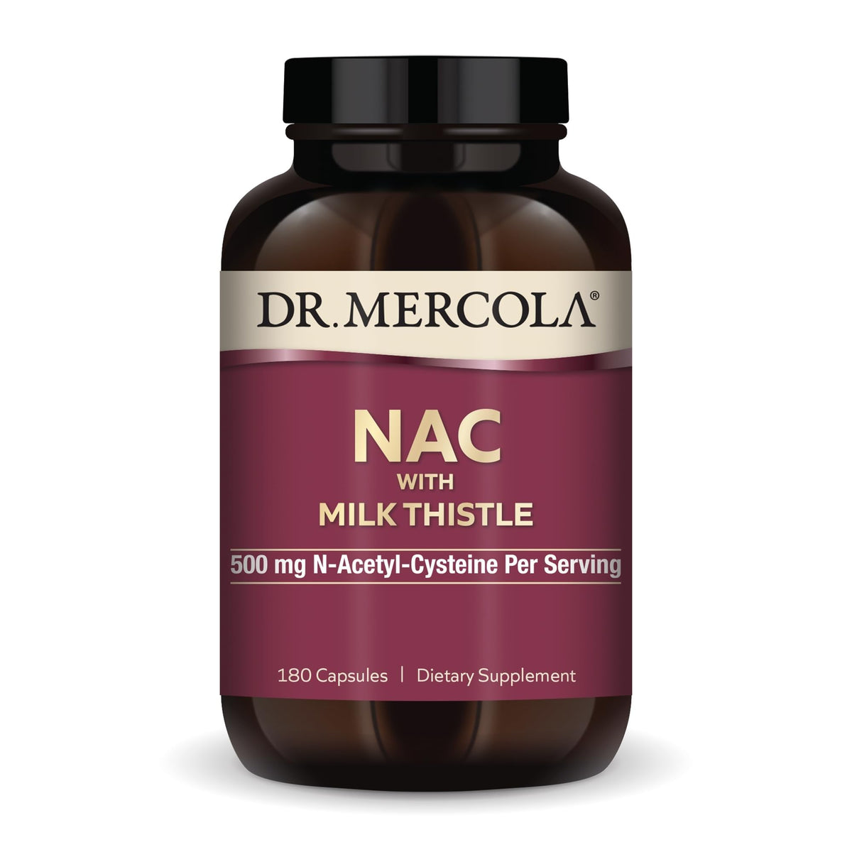 Dr. Mercola NAC with Milk Thistle bottle and capsules offering antioxidant support.