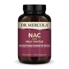 Dr. Mercola NAC with Milk Thistle bottle and capsules offering antioxidant support.