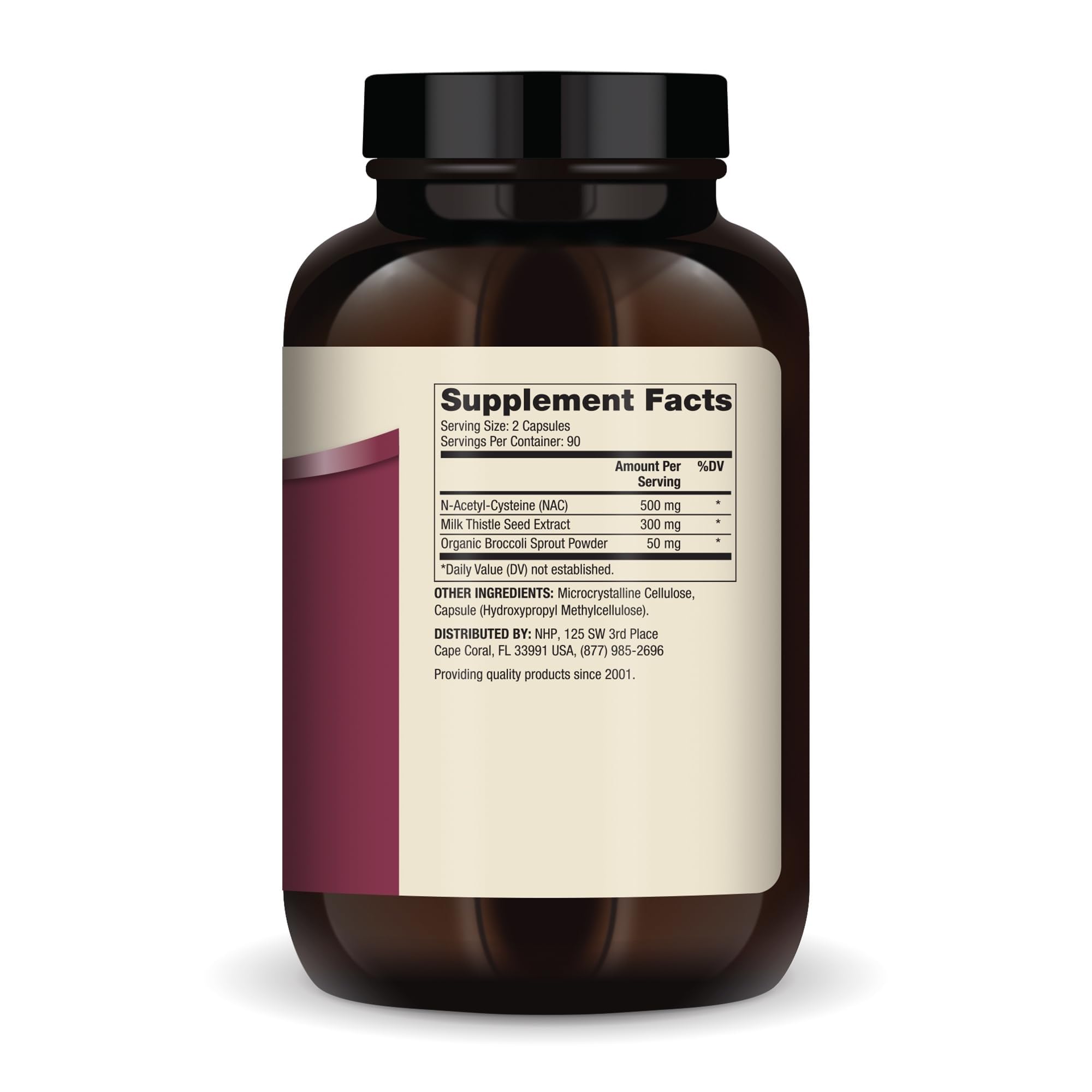 Close-up of Dr. Mercola NAC with Milk Thistle capsules, premium non-GMO.