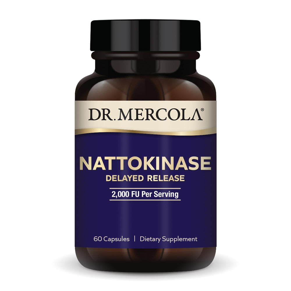 Dr. Mercola nattokinase delayed-release bottle shows gut-absorption optimized capsules.