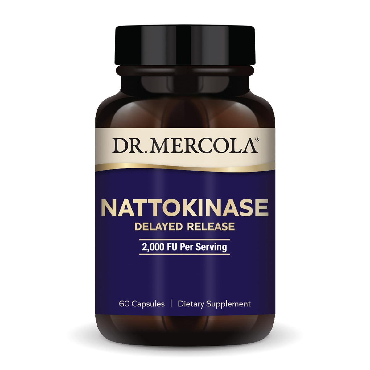 Dr. Mercola nattokinase delayed-release bottle shows gut-absorption optimized capsules.