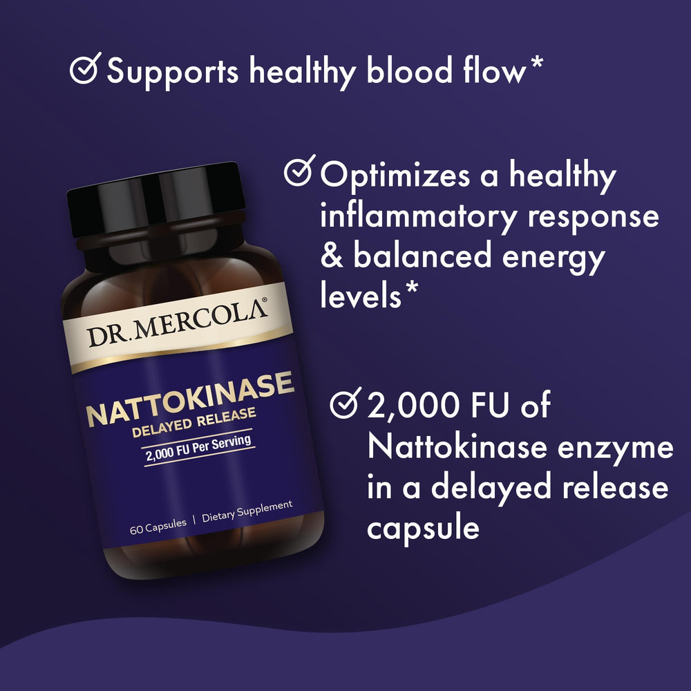 Dr. Mercola nattokinase delayed-release capsule image highlights intestinal delivery.