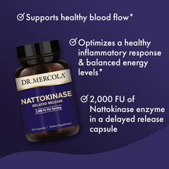 Dr. Mercola nattokinase delayed-release capsule image highlights intestinal delivery.