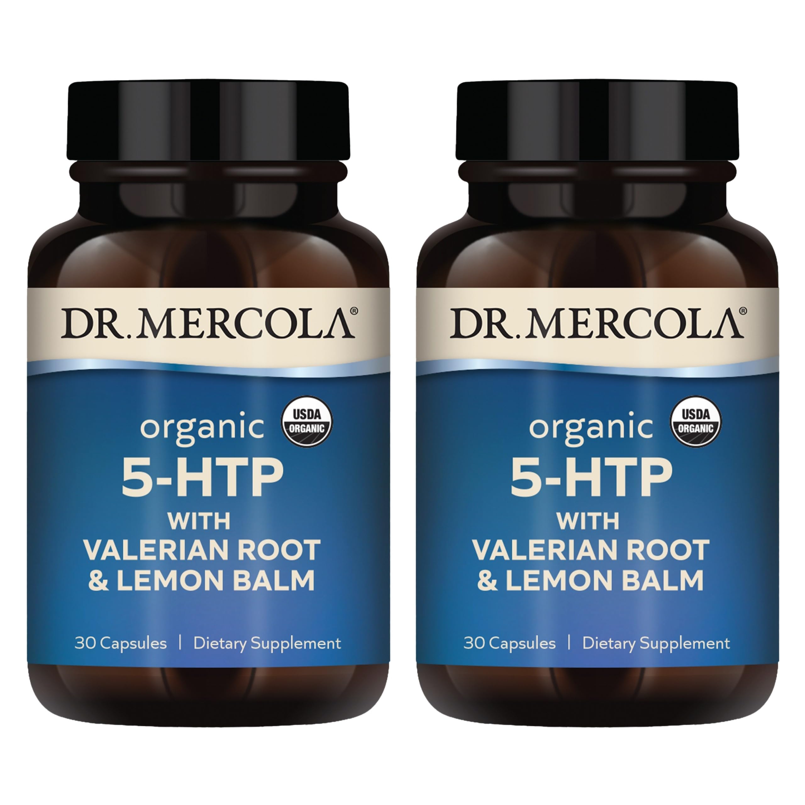 Dr. Mercola Organic 5-HTP bottle features a clear label and capsule for nightly calm.