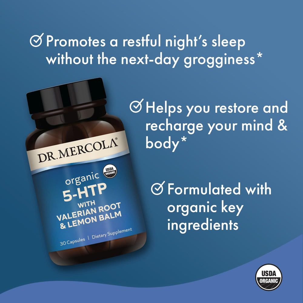 Dr. Mercola 5-HTP bottle label detail emphasizes organic certification and non-GMO quality.