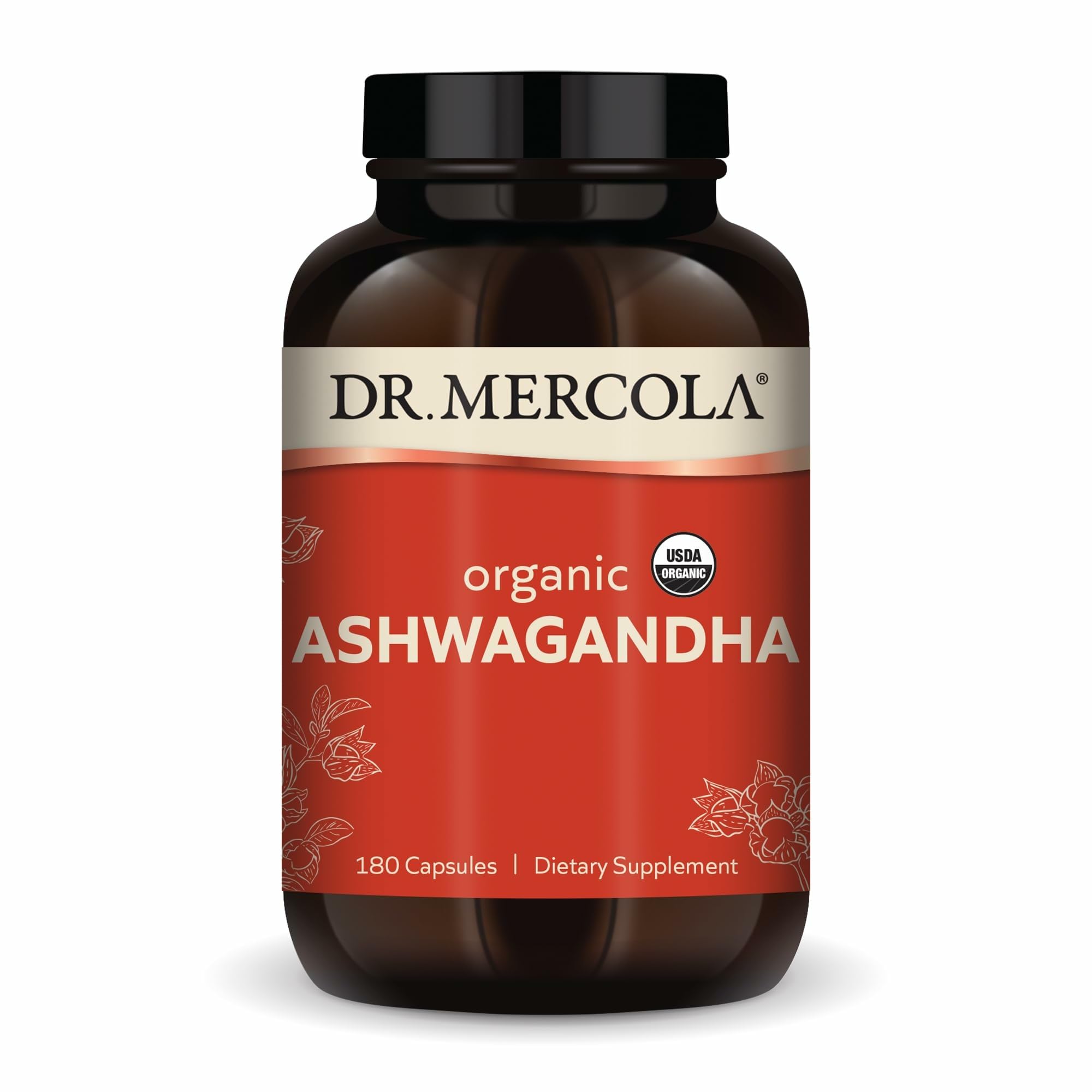 Dr. Mercola Organic Ashwagandha bottle showing 800 mg serving for daily balance