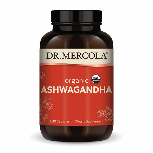 Dr. Mercola Organic Ashwagandha bottle showing 800 mg serving for daily balance