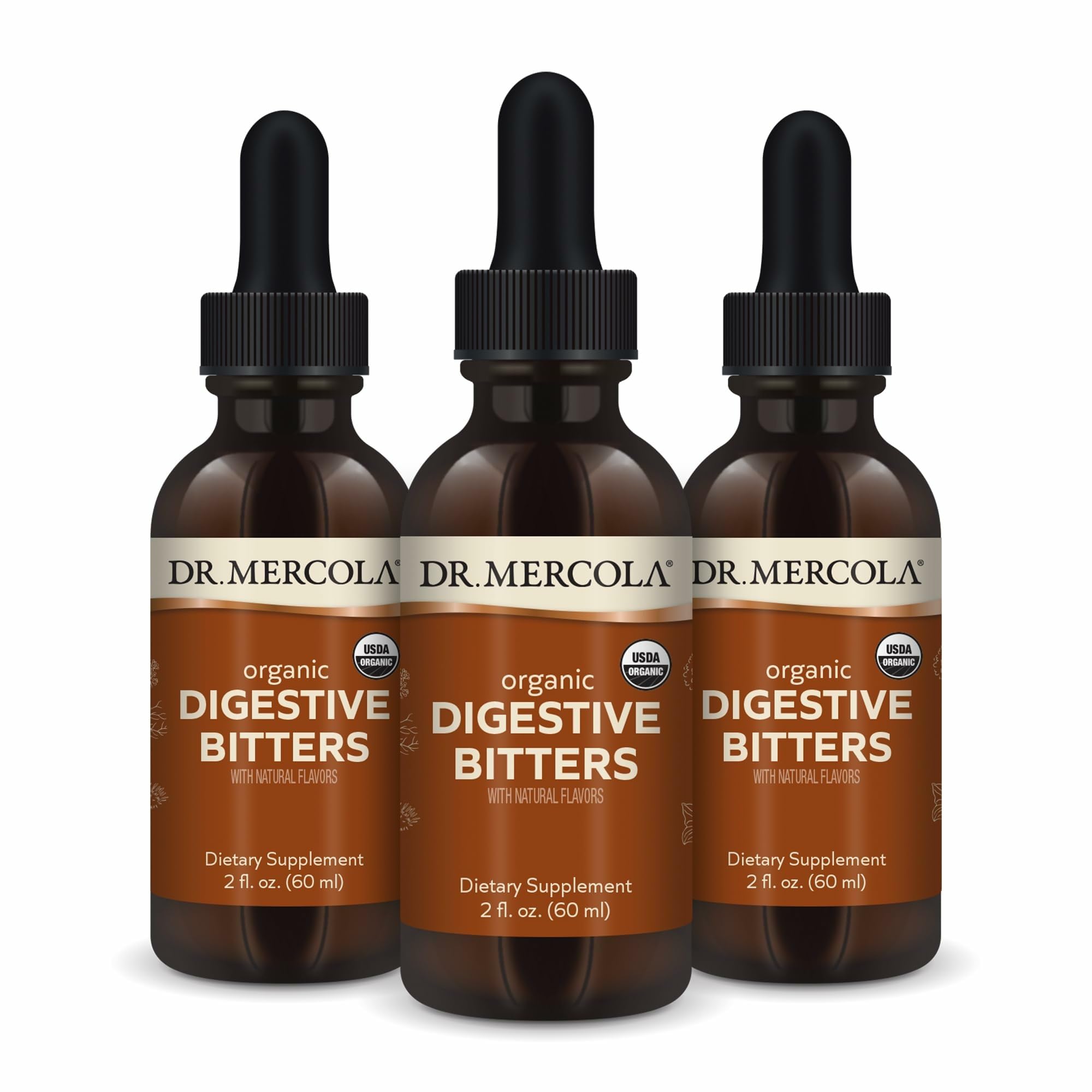 Dr. Mercola Organic Digestive Bitters bottle for pre-meal support and easy dosing.