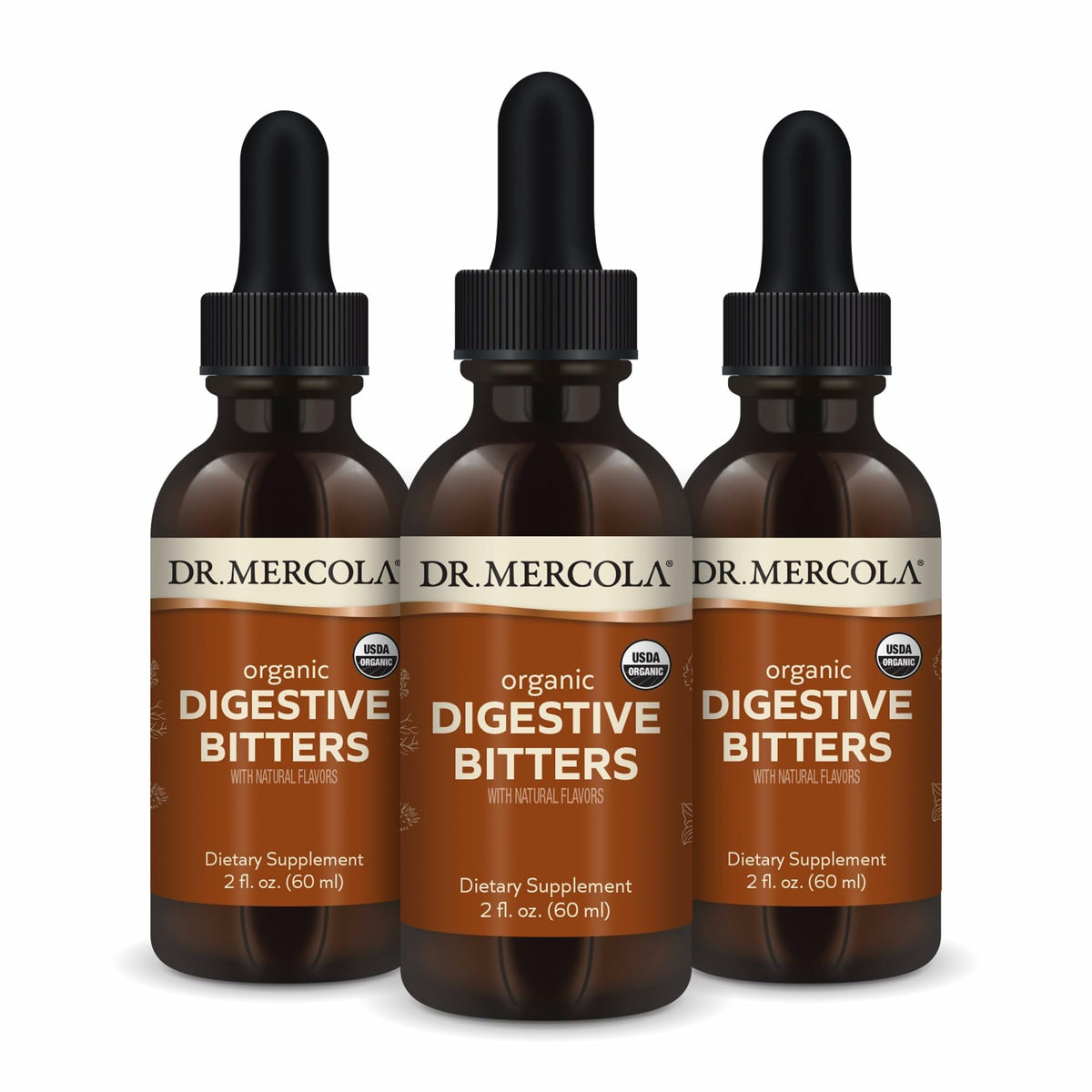 Dr. Mercola Organic Digestive Bitters bottle for pre-meal support and easy dosing.