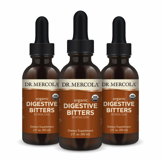 Dr. Mercola Organic Digestive Bitters bottle for pre-meal support and easy dosing.
