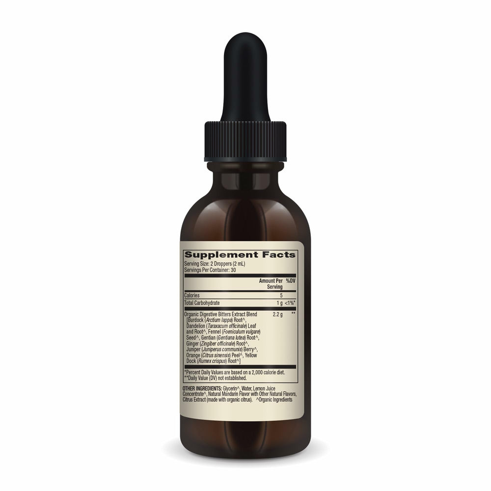 Dr. Mercola Organic Digestive Bitters drops pour demonstrates simple pre-meal dosing.