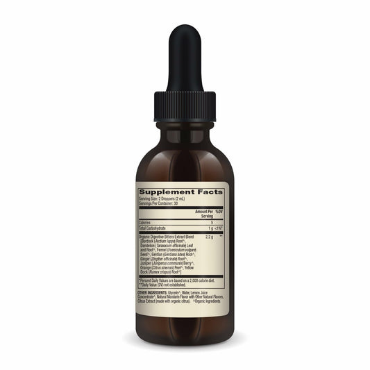 Dr. Mercola Organic Digestive Bitters drops pour demonstrates simple pre-meal dosing.
