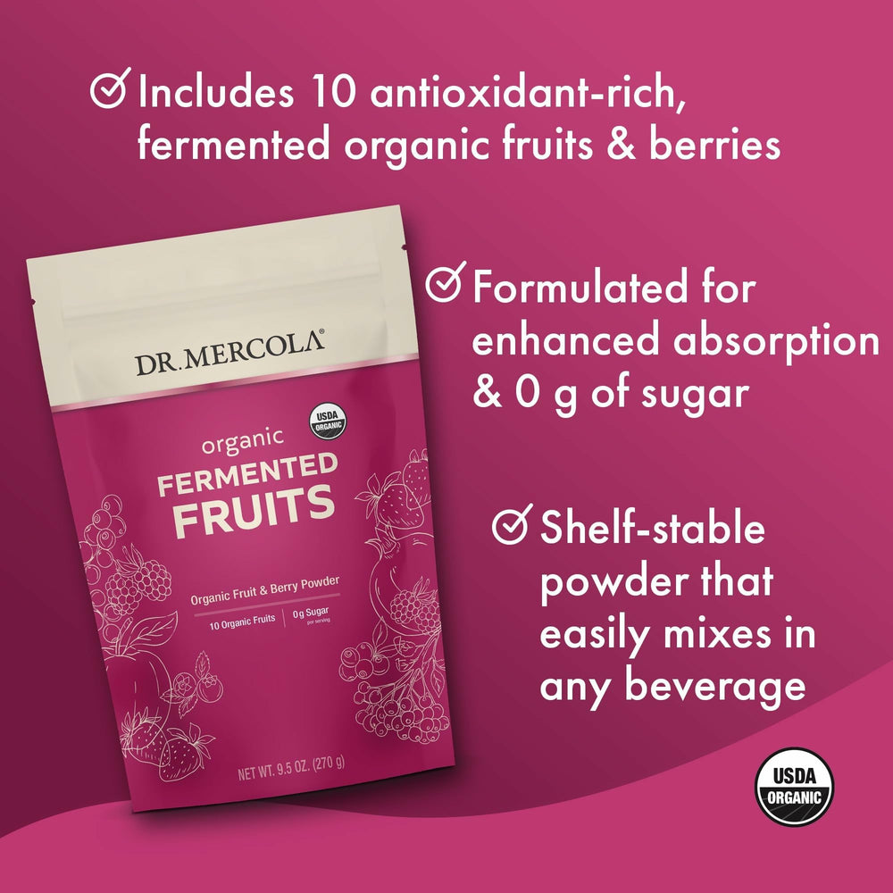 Dr Mercola Organic Fermented Fruits powder ready to be added to a drink.