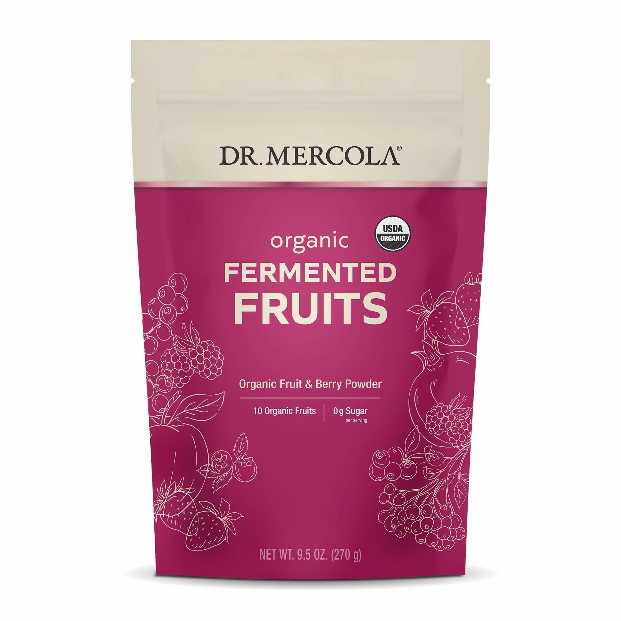 Dr Mercola Organic Fermented Fruits tub close-up showing organic formulation and freshness.