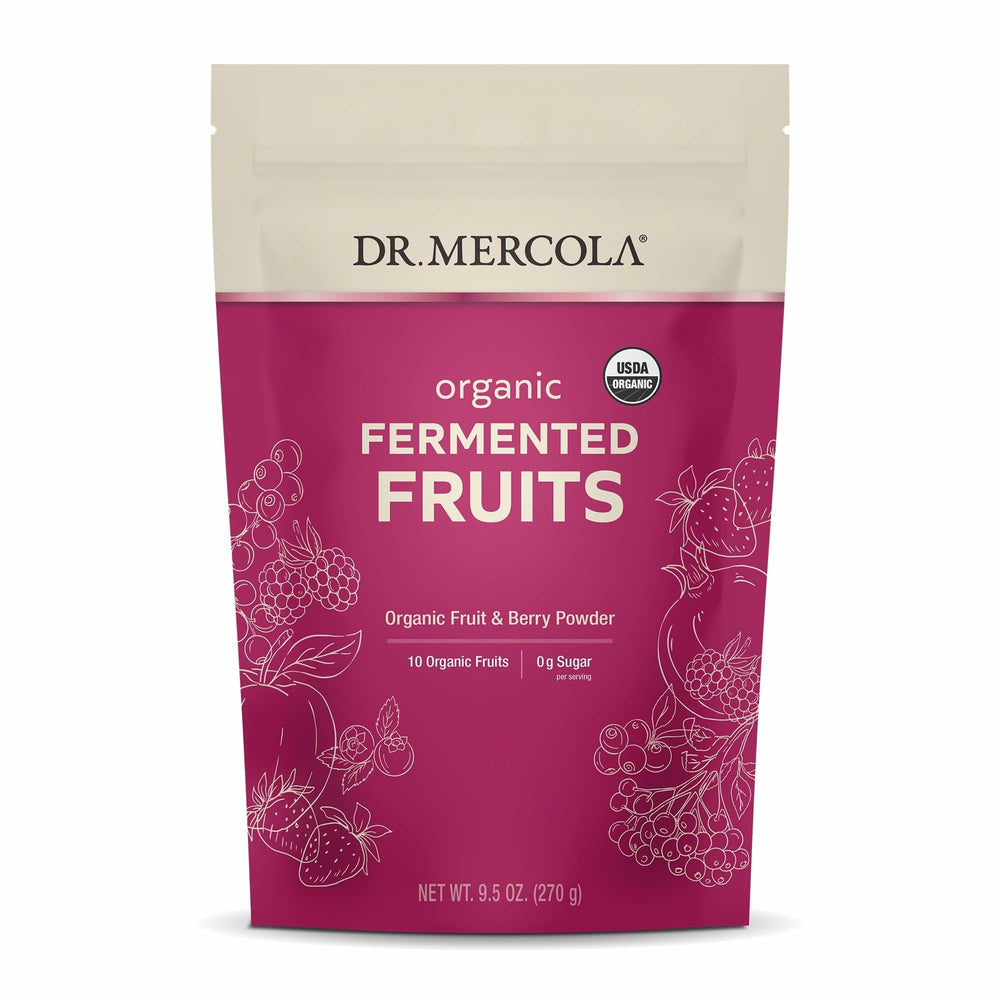 Dr Mercola Organic Fermented Fruits tub close-up showing organic formulation and freshness.
