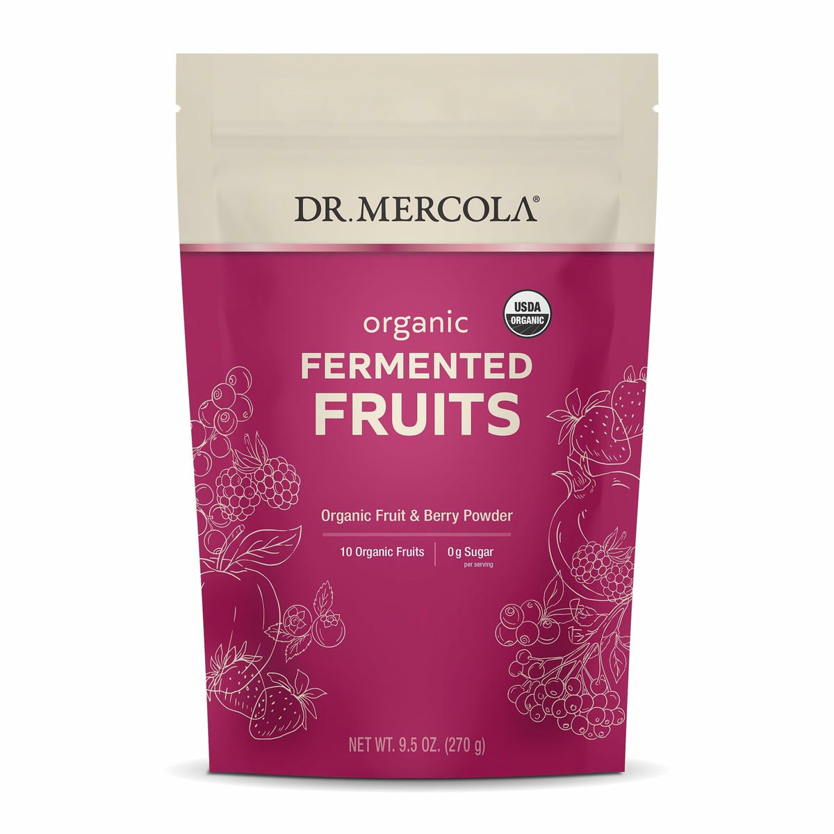 Dr Mercola Organic Fermented Fruits tub close-up showing organic formulation and freshness.
