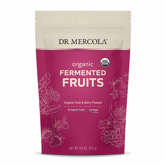 Dr Mercola Organic Fermented Fruits tub close-up showing organic formulation and freshness.