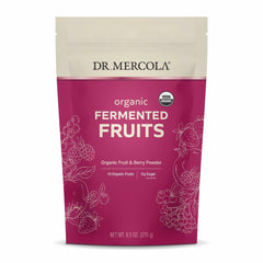 Dr Mercola Organic Fermented Fruits tub close-up showing organic formulation and freshness.