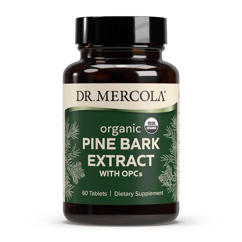 Dr. Mercola Organic Pine Bark Extract bottle front showing antioxidant support