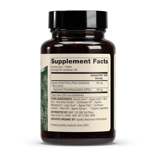 Dr. Mercola Organic Pine Bark Extract tablets close-up highlighting OPCs