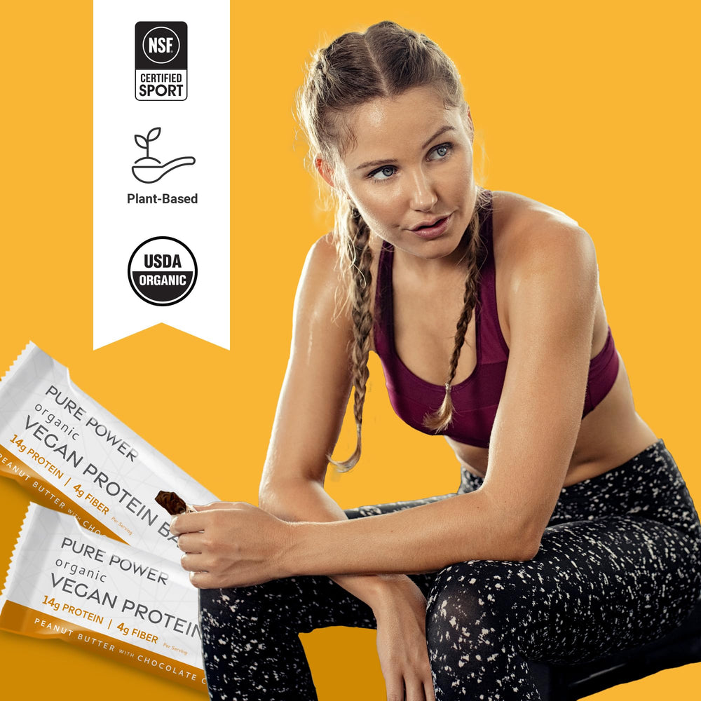 Dr. Mercola Pure Power bar nutrition panel highlights 14 g vegan protein per bar.