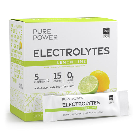 Dr. Mercola Pure Power Electrolytes Lemon Lime packaging on shelf; sugar-free hydration option