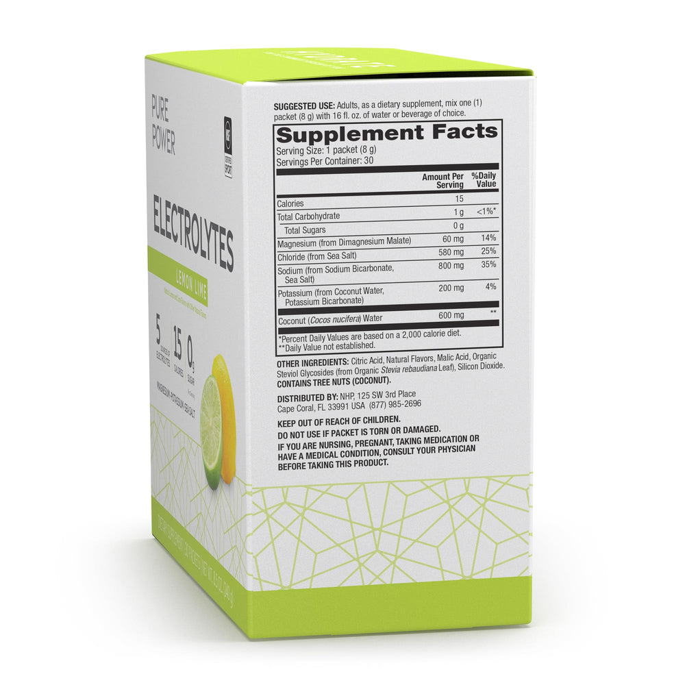 Dr. Mercola Pure Power Electrolytes Lemon Lime packet closeup highlighting powder and flavor