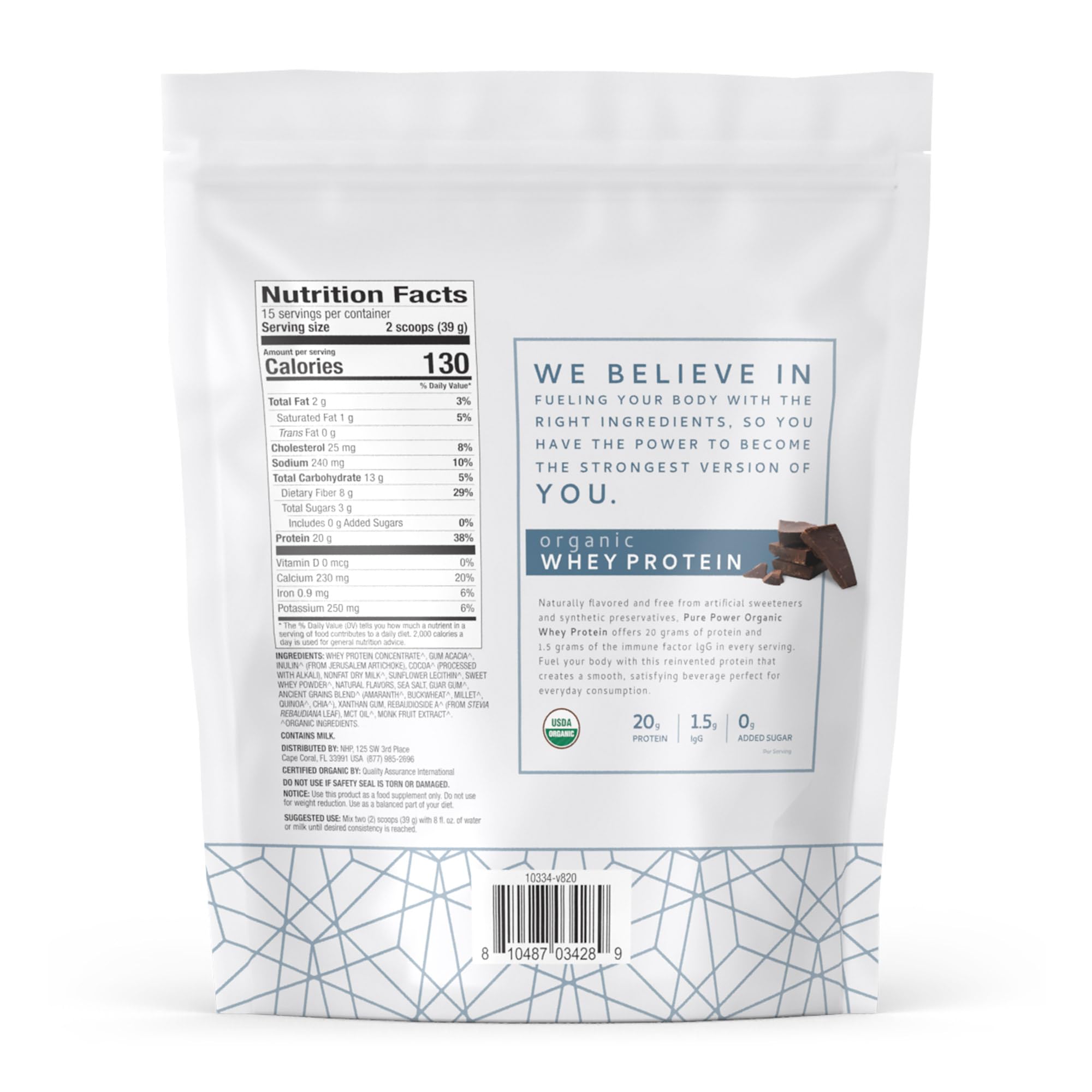 Dr. Mercola Pure Power Organic Whey Protein label close-up showing clean ingredients