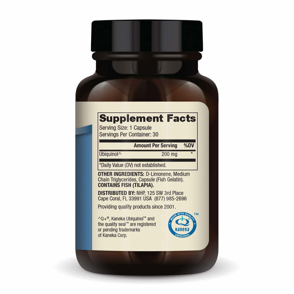 Closeup of Dr. Mercola Ubiquinol 200 mg capsules for daily energy