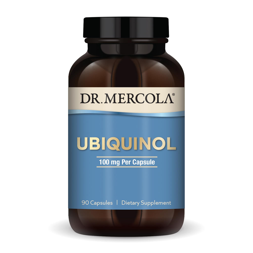 Dr. Mercola Ubiquinol bottle with capsules highlighting energy support potential.