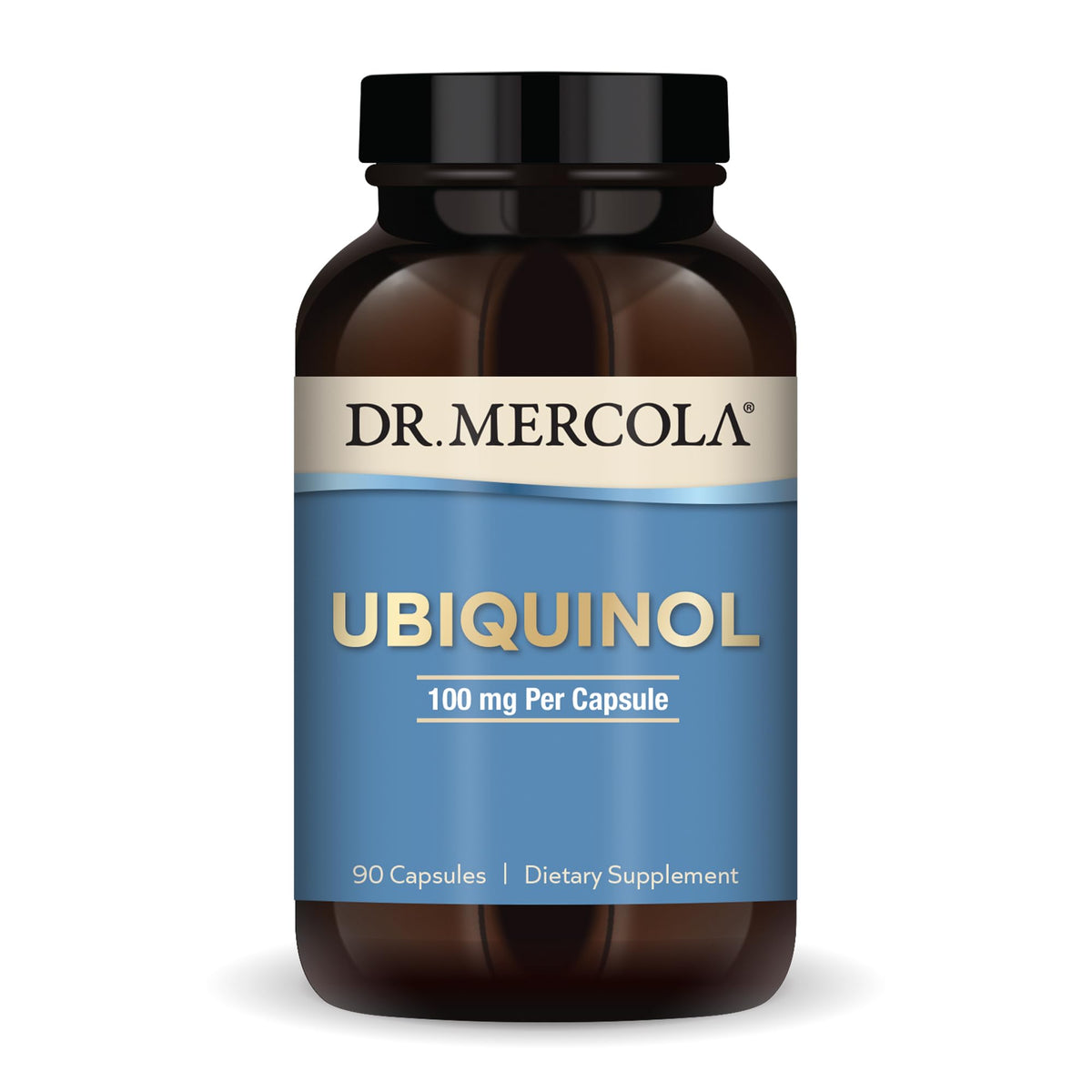 Dr. Mercola Ubiquinol bottle with capsules highlighting energy support potential.