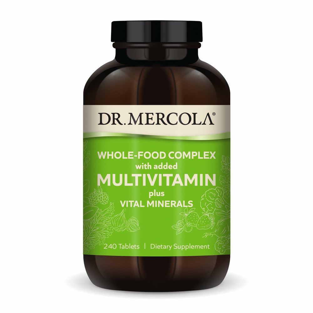 Dr. Mercola Whole Food Multivitamin bottle front view supports daily nutrition with broad mineral coverage.