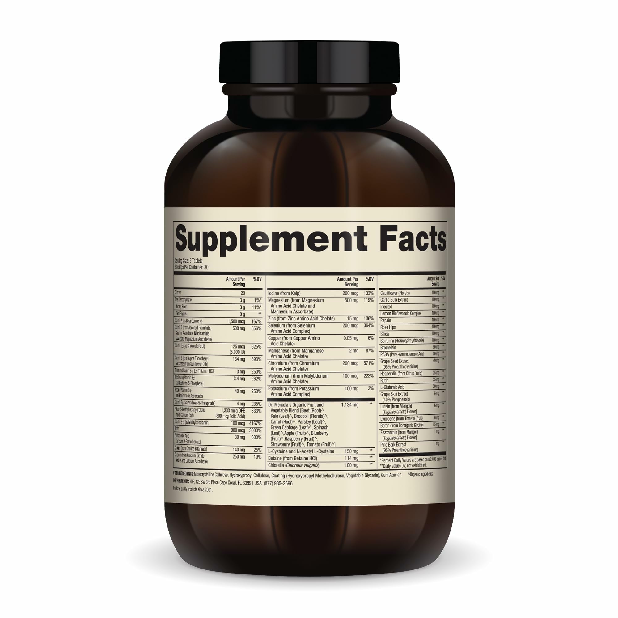 Dr. Mercola multis tablet close-up shows colorful tablets and formulation hints.