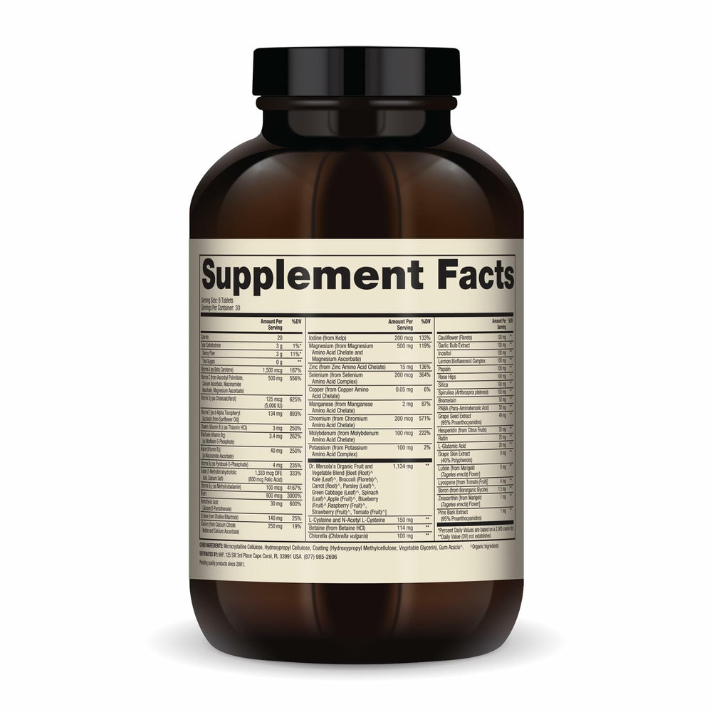 Dr. Mercola multis tablet close-up shows colorful tablets and formulation hints.