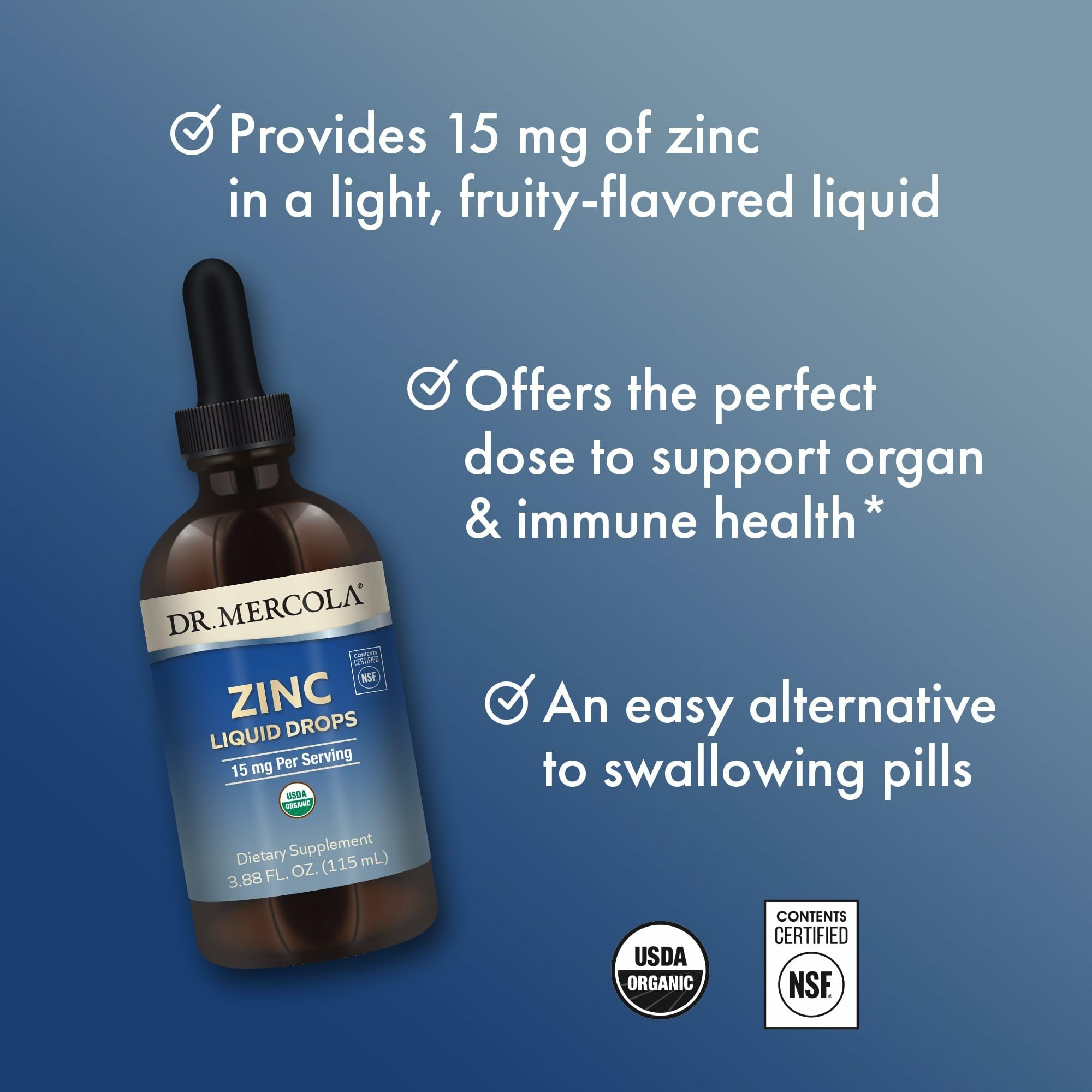 Three-pack of Dr. Mercola Zinc Liquid Drops on display for convenient storage.