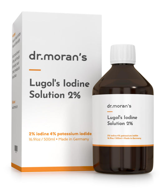 Dr. Moran's Lugol's Iodine 2% in amber bottle for safe storage and reliable dosing.