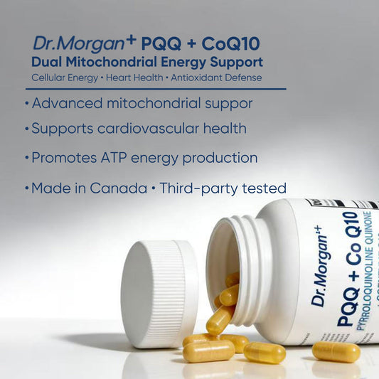 DR.MORGAN PQQ CoQ10 bottle front promoting packaging and easy dosing for routine use.