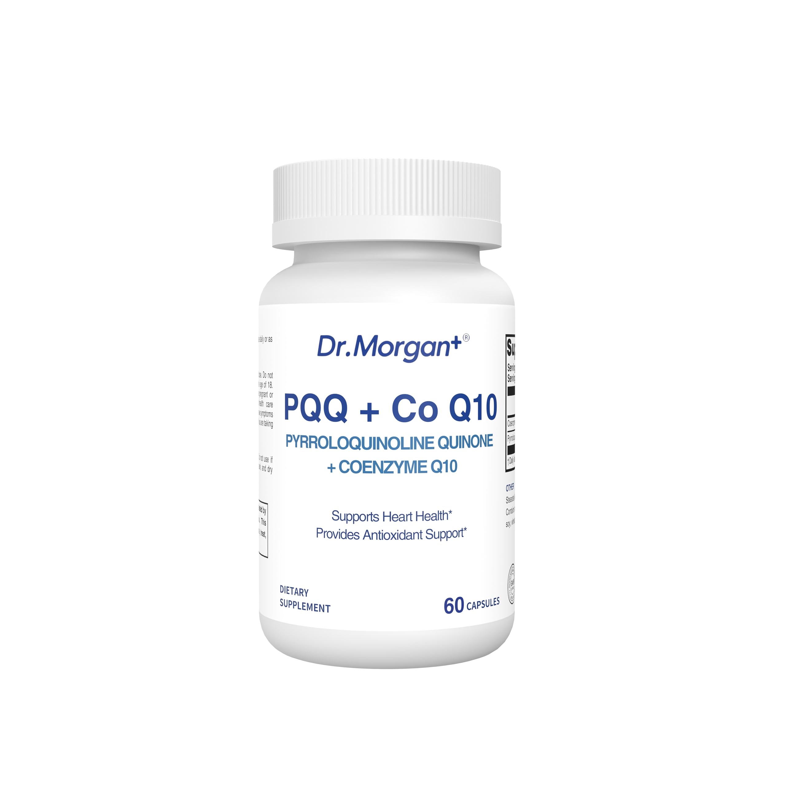 DR.MORGAN PQQ CoQ10 capsules close-up showing a clean, modern supplement design for daily energy.