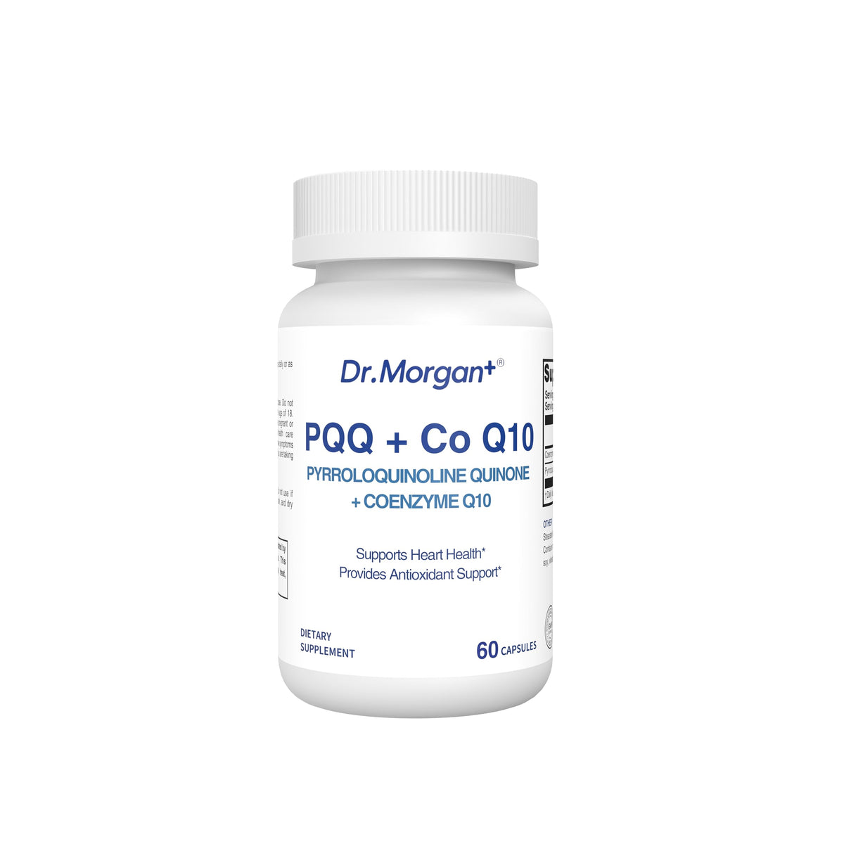 DR.MORGAN PQQ CoQ10 capsules close-up showing a clean, modern supplement design for daily energy.
