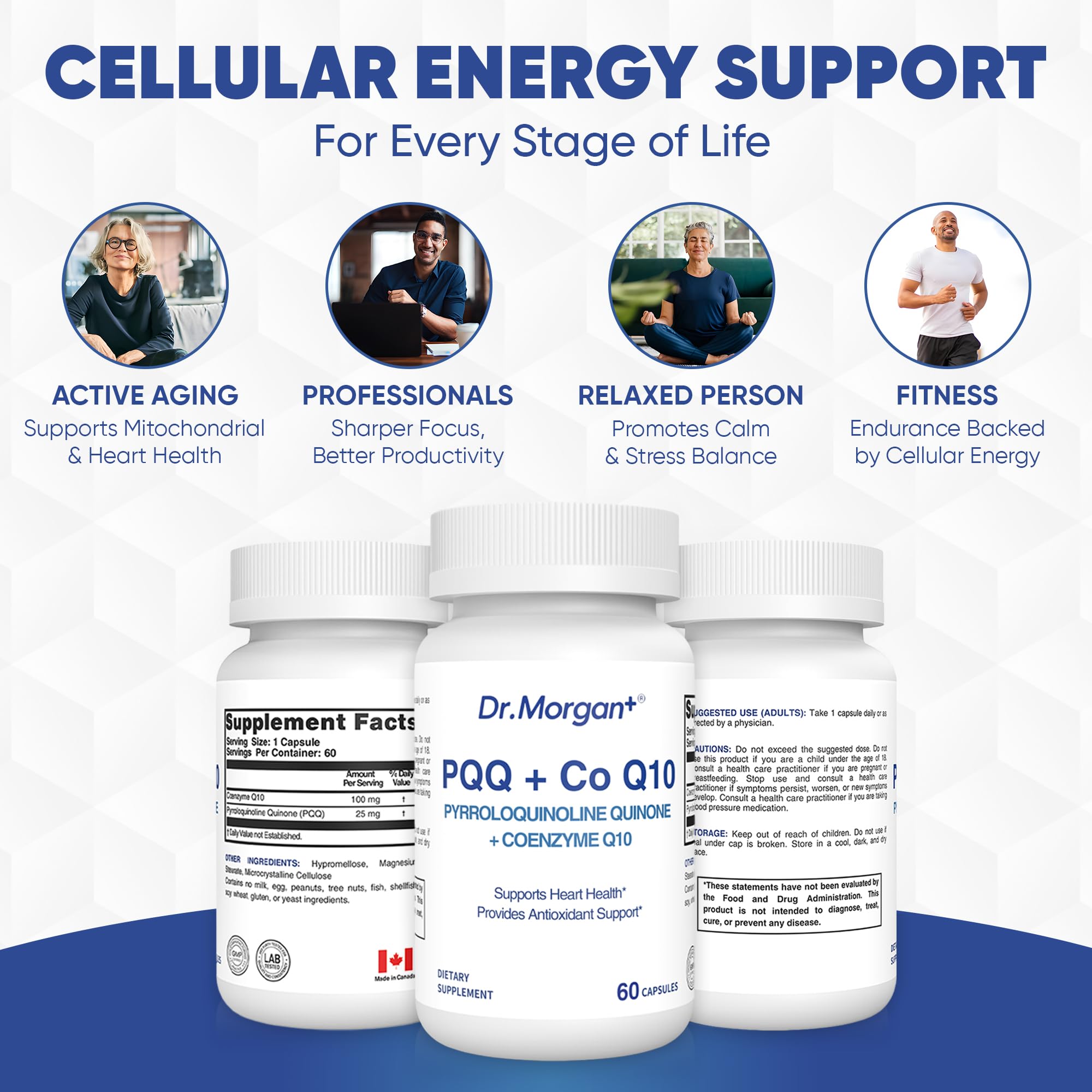 DR.MORGAN PQQ CoQ10 with a clear glass of water beside to imply easy intake.