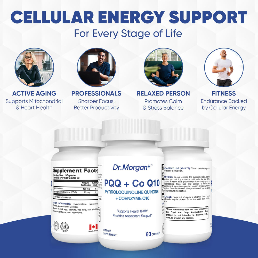 DR.MORGAN PQQ CoQ10 with a clear glass of water beside to imply easy intake.